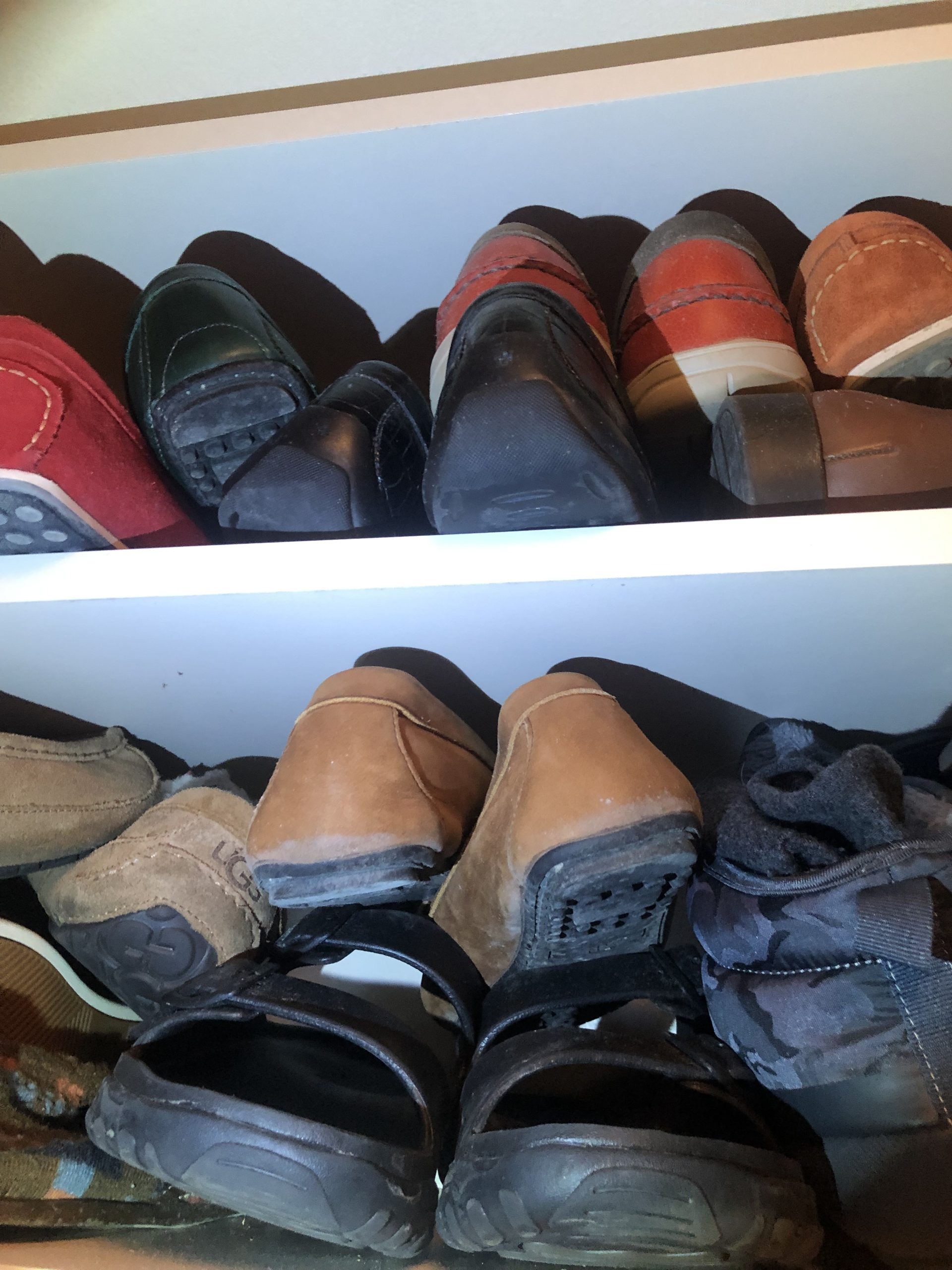 Mold on shoes and clothes in closet.