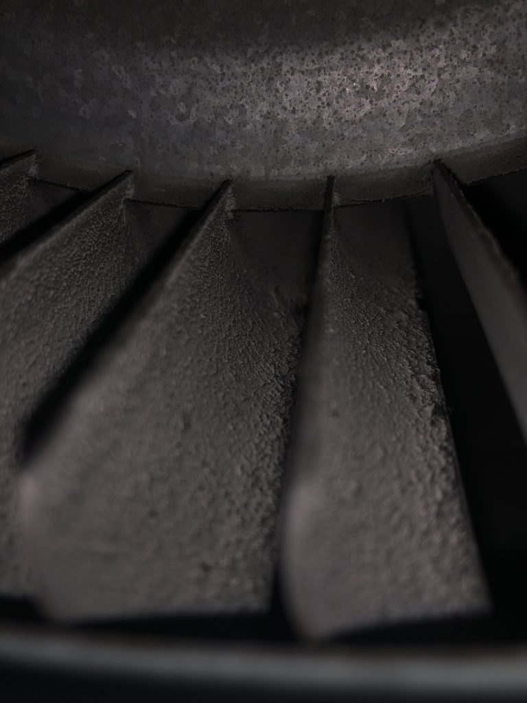 Dirty blower wheel fins make indoor air quality bad. 